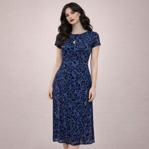 Y2KVelvet Burnout Midi Dress M Floral Navy Blue Moody Dark Whimsigoth Gothic